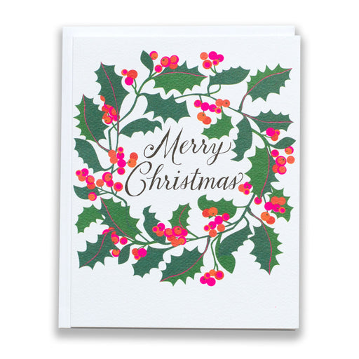 holly wreath, Christmas card, calligraphy
