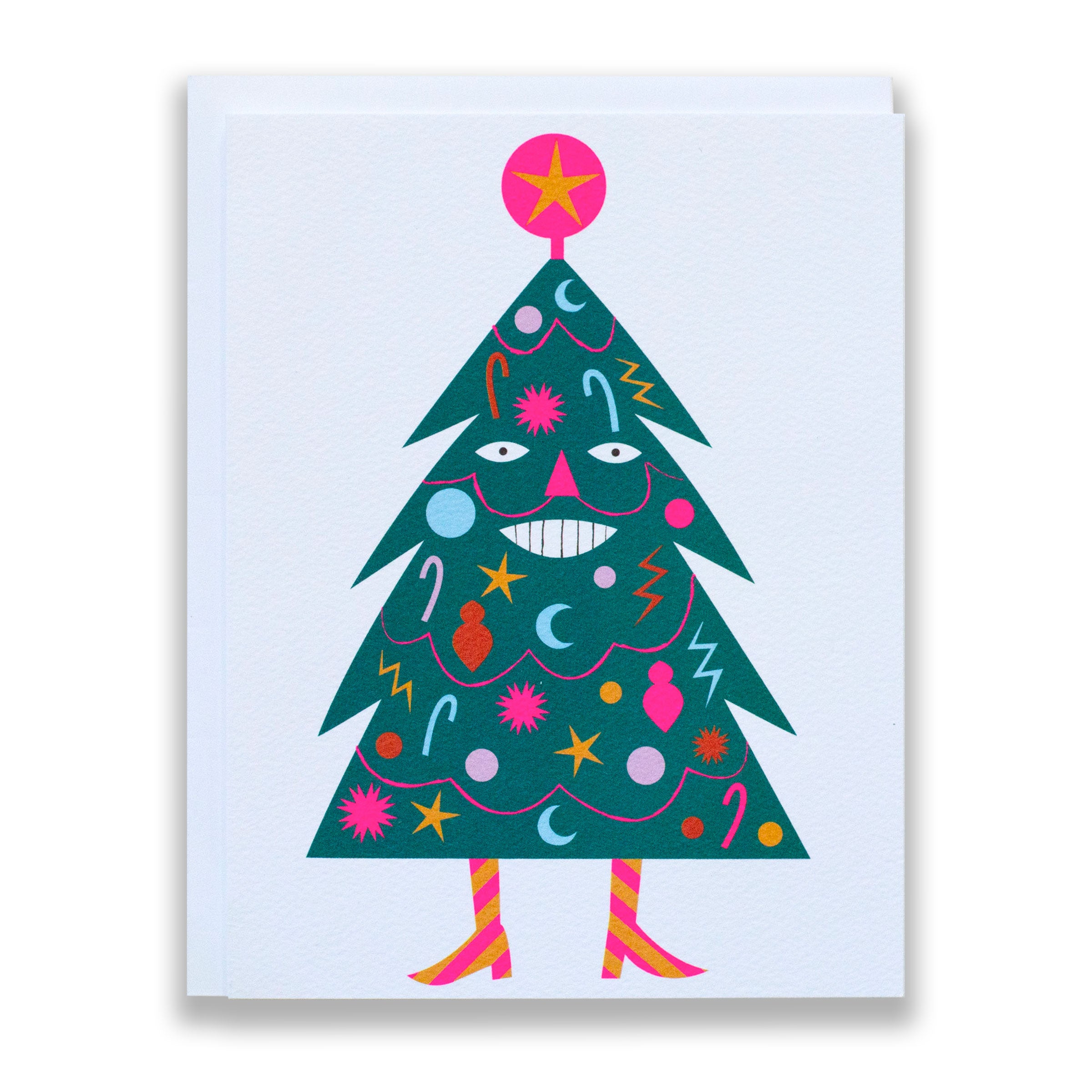 decorated tree, smiling, neon pink, striped boots, christmas cards, holiday