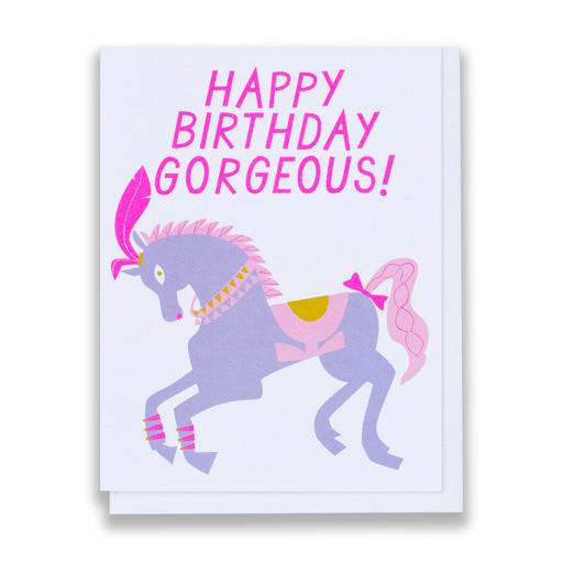 pretty lavender pony prancing across a birthday card