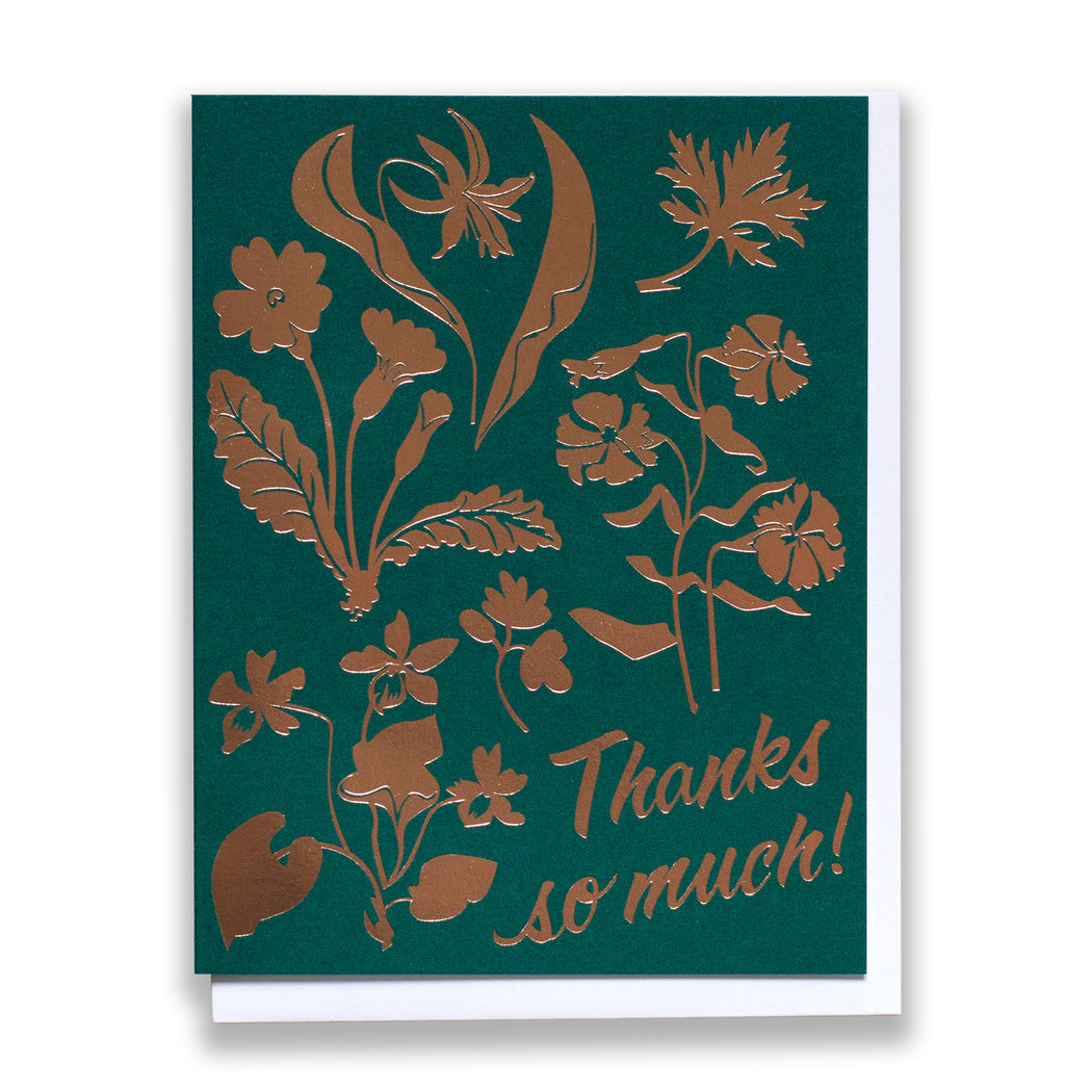 rose gold foil wildflowers on dark green card reads Thanks so Much