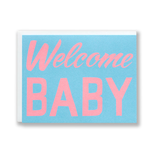 Welcome baby note card in baby pink and baby blue