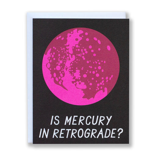 Is Mercury in Retrograde Note card with a big purple mercury planet on black