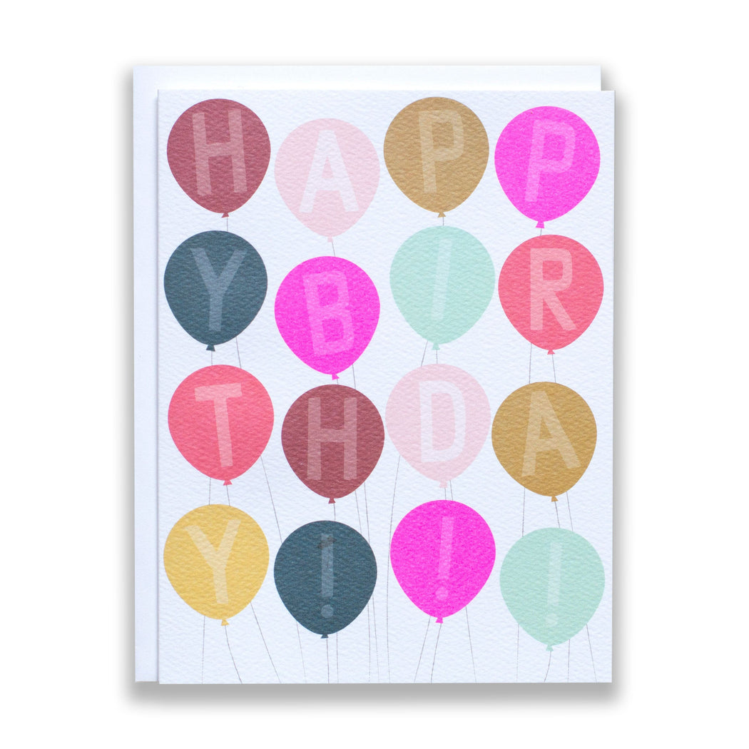 Card with 16 balloons each with a letter inside to spell out HAPPY BIRTHDAY!!!