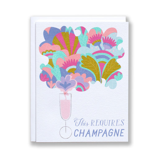 This Requires Champagne congratulations card with swirling slightly psychedelic bubbles