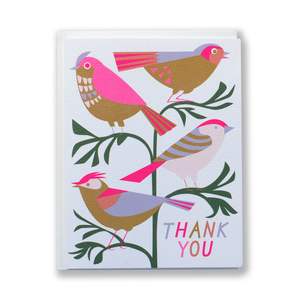 four song birds in sugar sweet colours on a card reading thank you