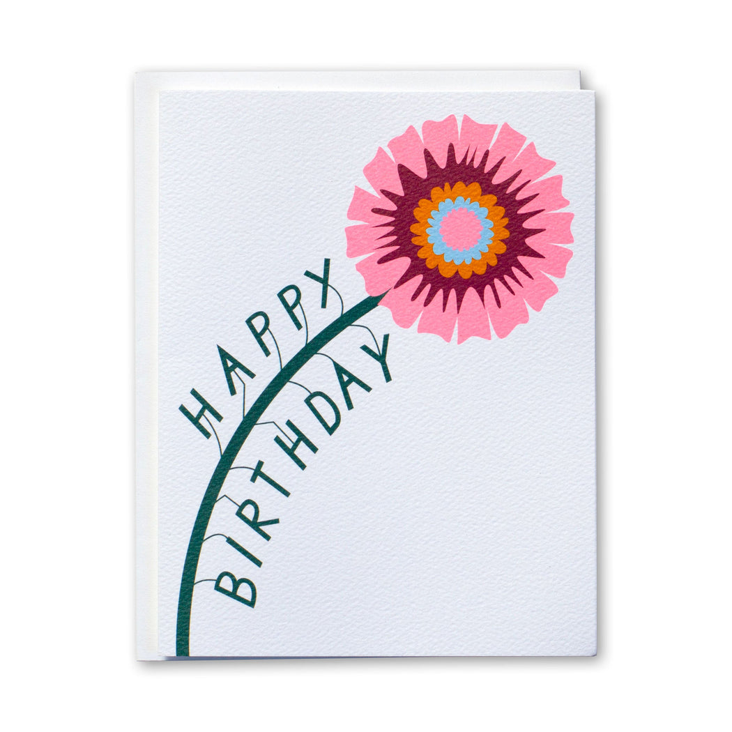 cad with a flower stem and tiny letter-shaped leaves spelling out Happy Birthday