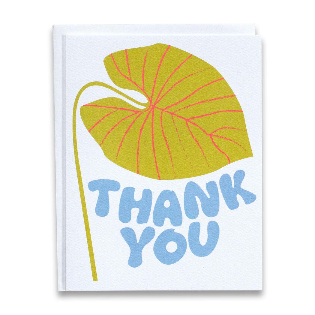 Thank You card with a giant lichen green leaf
