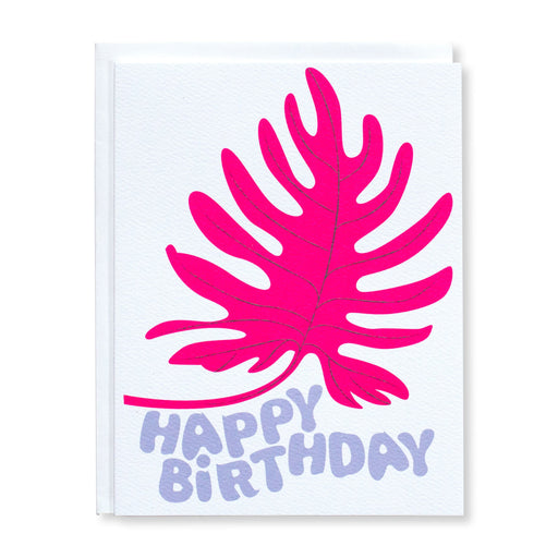 Birthday card with a neon pink philodendron leaf and Happy Birthday in our own lavender bubble letters.