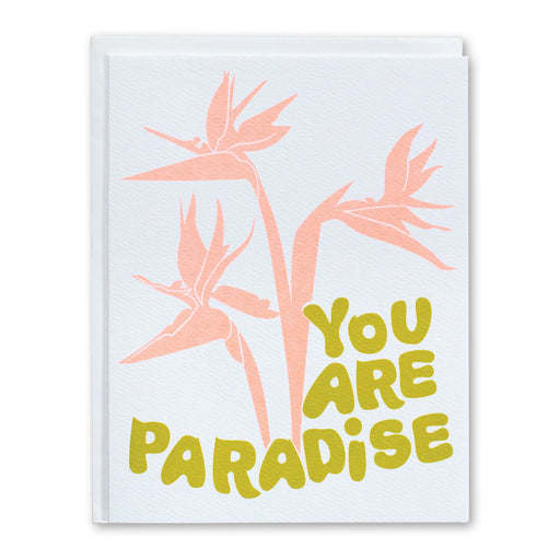note cards reads "You Are Paradise" with silhouettes of pastel neon bird of paradise flowers