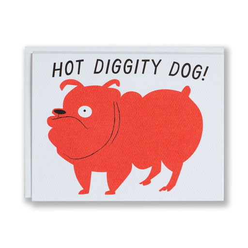 a bright red bulldog and a Hot Diggity Dog greeting on this landscape oriented note card