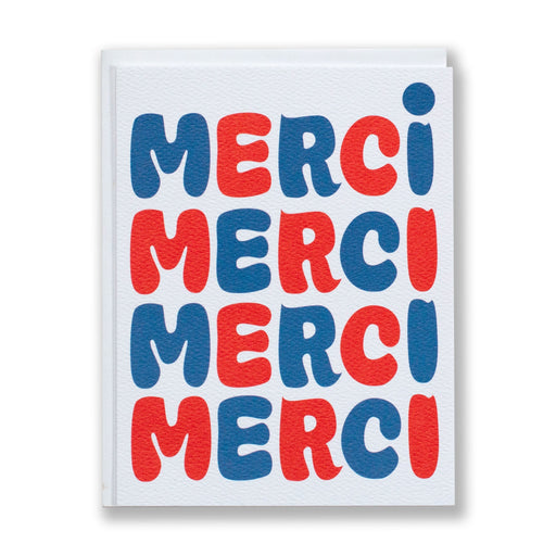 card with blue and red bubble shaped letters reads Merci-Merci-Merci-Merci