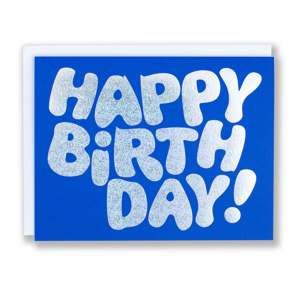birthday card with glitter hologram foil bubble letters on electric blue paper