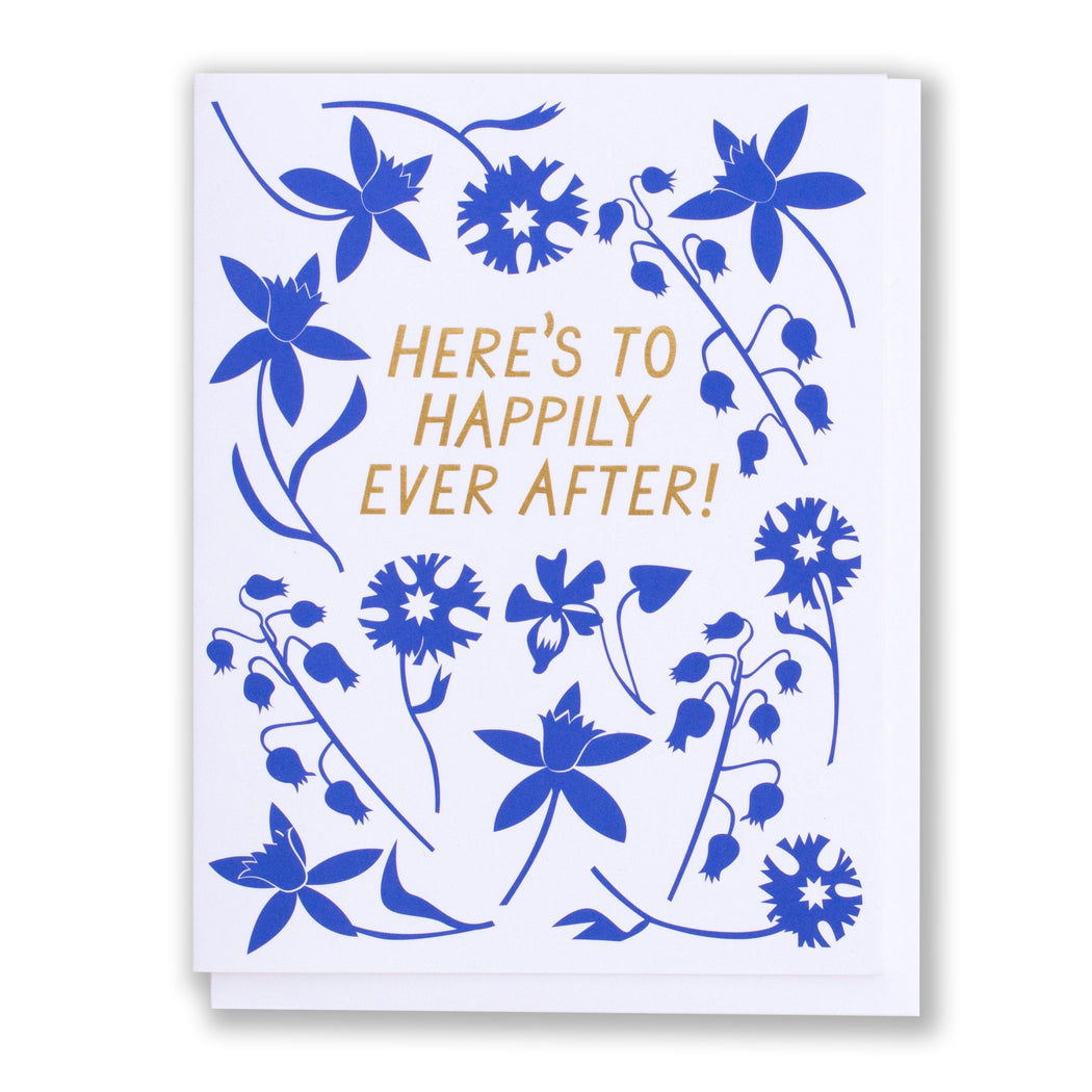 Metallic gold foil Here's to Happily Ever After with chalk blue flower silhouettes