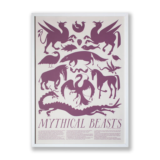 screen print with a variety of mythical beasts and a key below