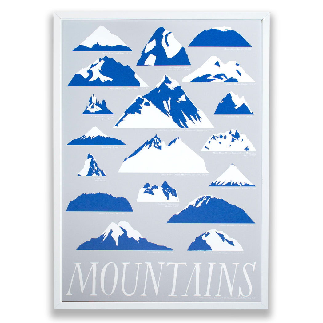 mountains screen print/pacific northwest art/lions/everest/world's tallest mountains/mountain climbing