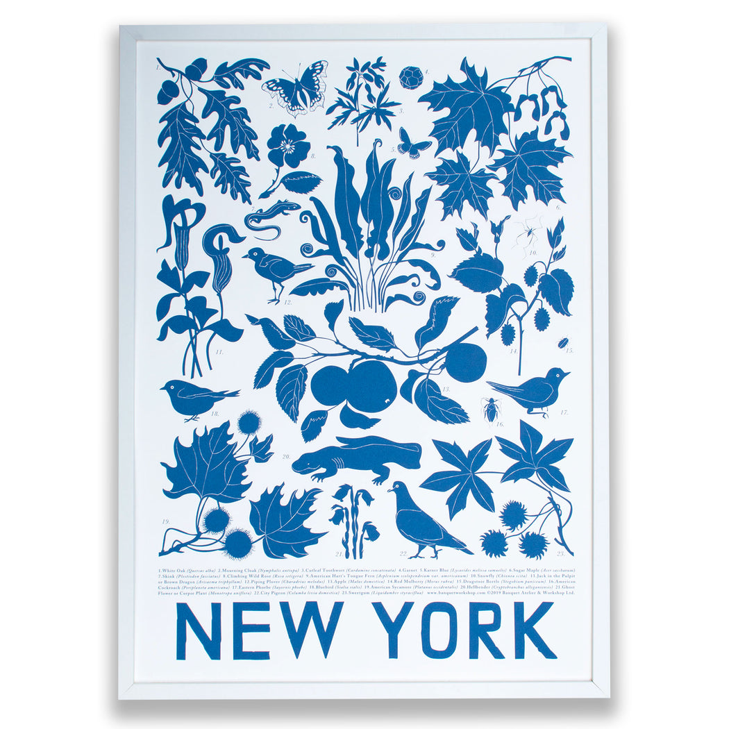 New York state flora and fauna screen print in blue on white