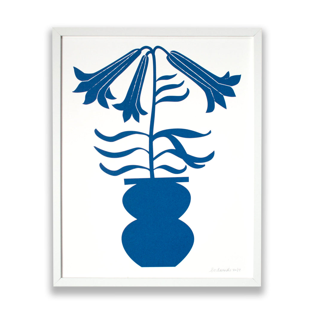 screen print of a deep blue lily stem in a vase