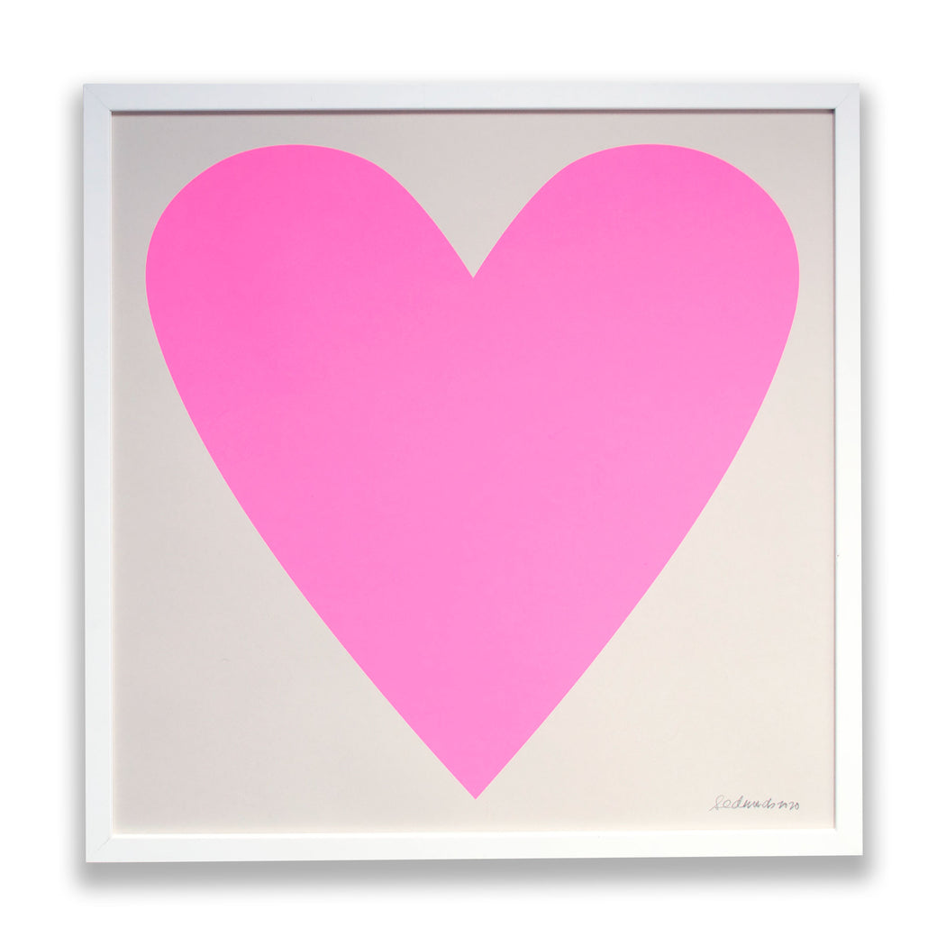 banquet's famous heart screen print in a cool pastel neon pink, framed