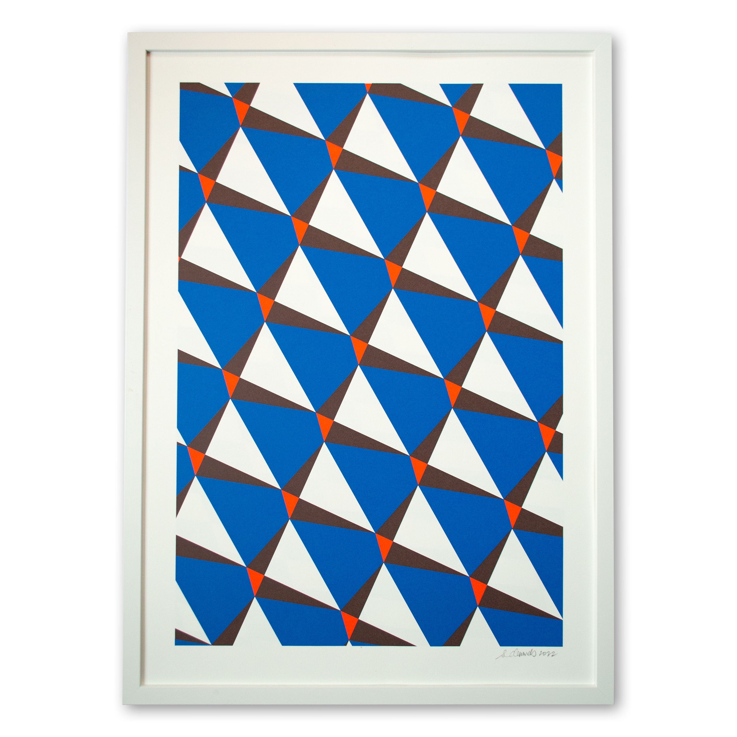 Geometric screen print, blue red and brown triangles