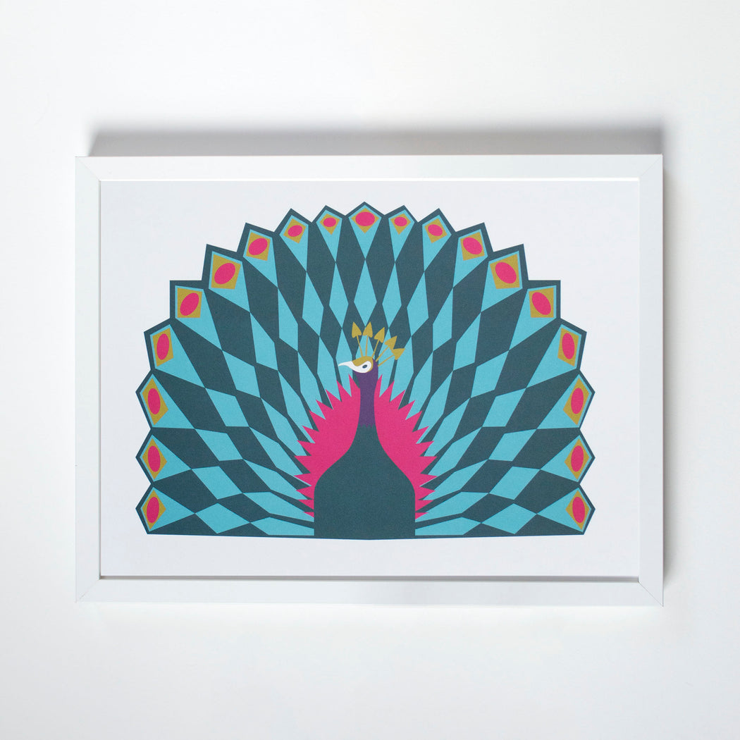 Framed mod geometric peacock bird print from Banquet Workshop