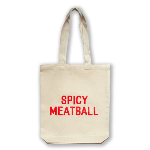 tote bag printed with "spicy meatball" in red on natural