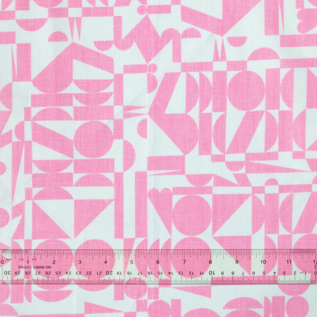 Linen Tea Towel - Screen Printed Geometrics - Bubblegum Pink on White