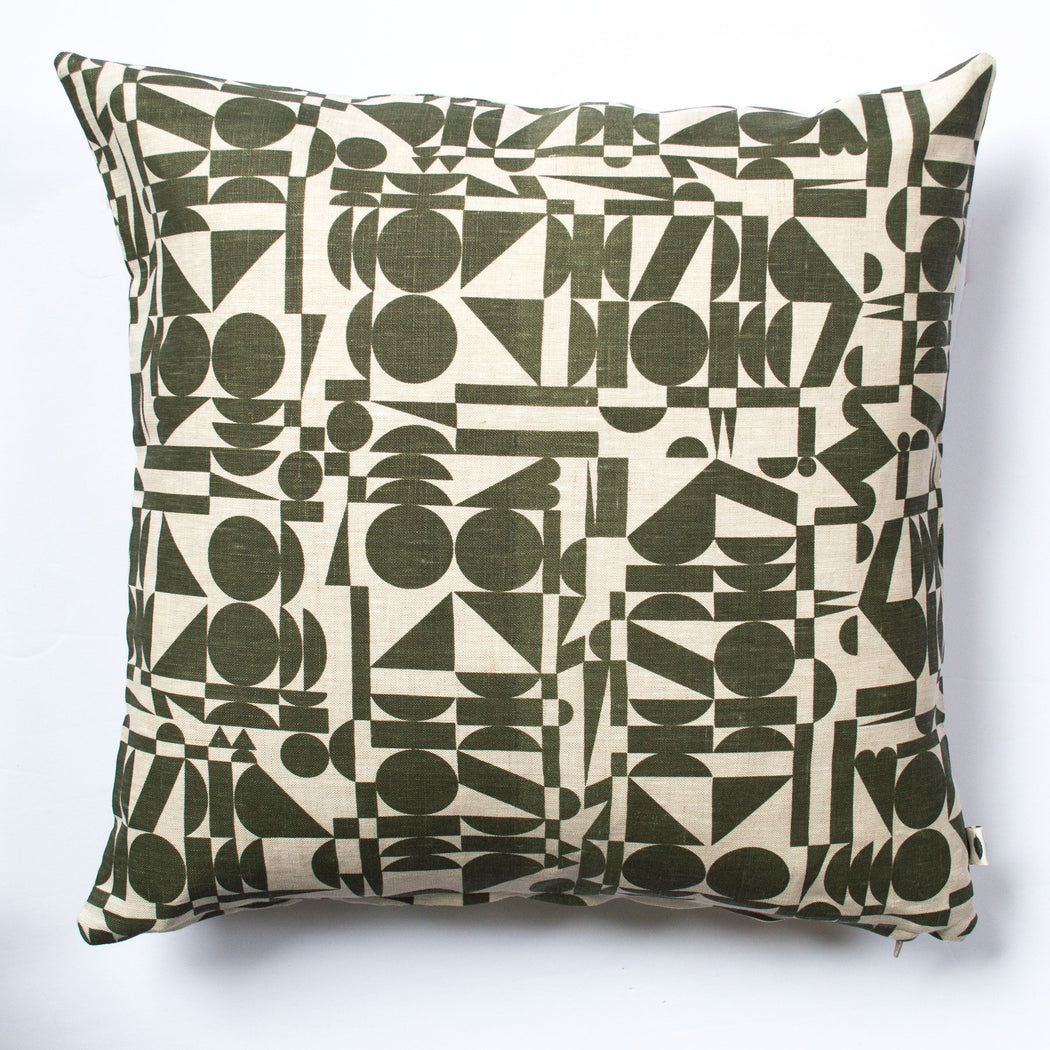 mod op art print screen printed in khaki on a square pillow