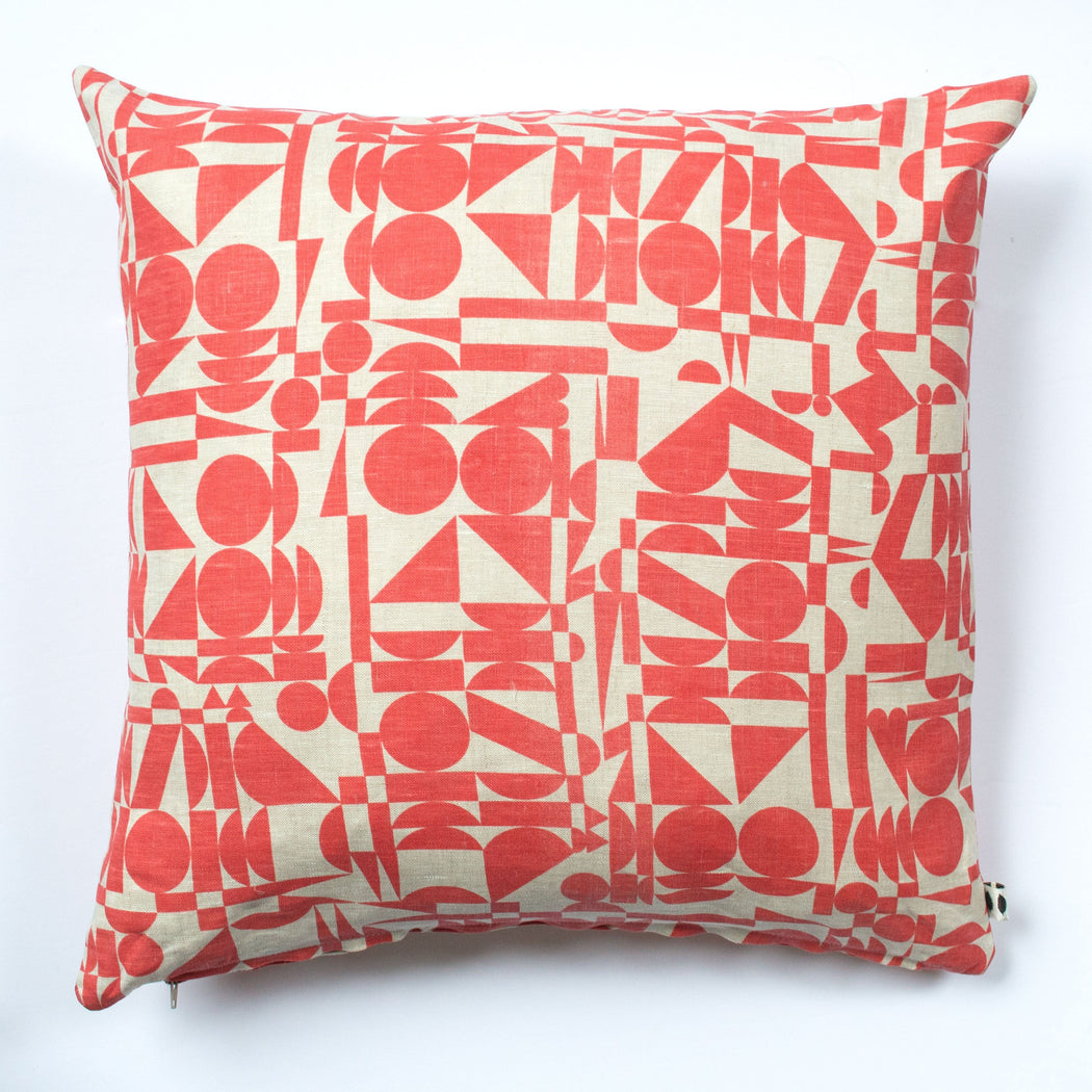 melon red geometric shapes printed on an all linen pillow cover