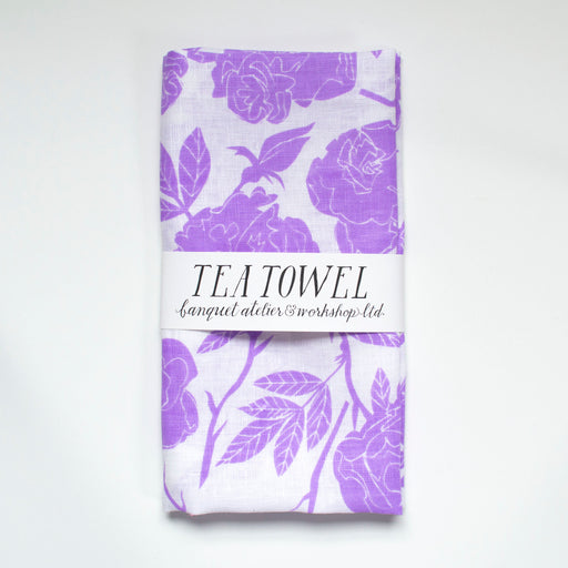 Wild Roses Lavender on White 100% Linen Tea Towel