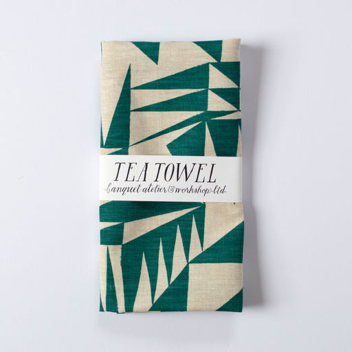 All-Linen Tea Towel Screen Printed with Dark Green Triangles