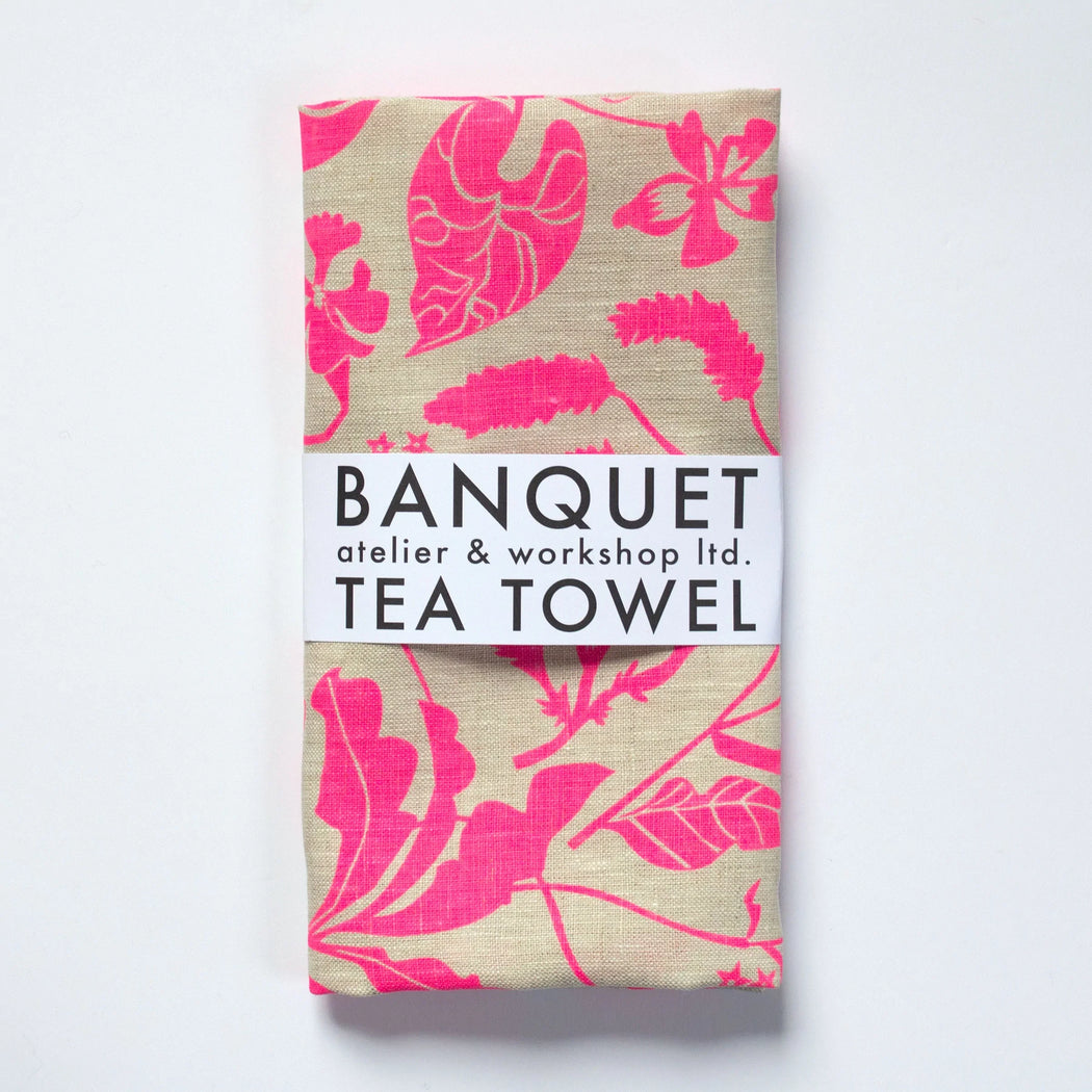 Neon Pink Wildflowers Linen Tea Towel