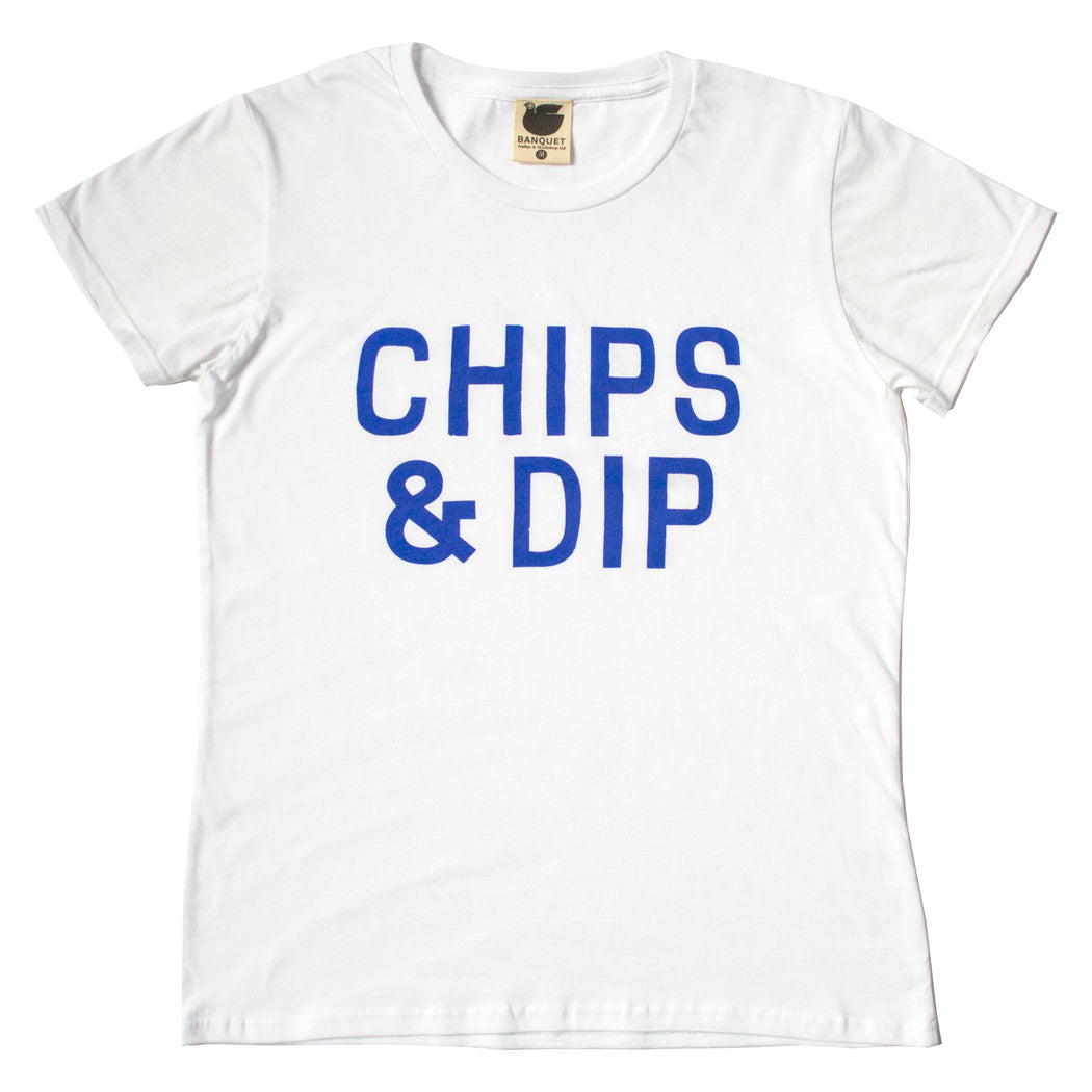 graphic, blue all caps "chips & dips" on a white t-shirt