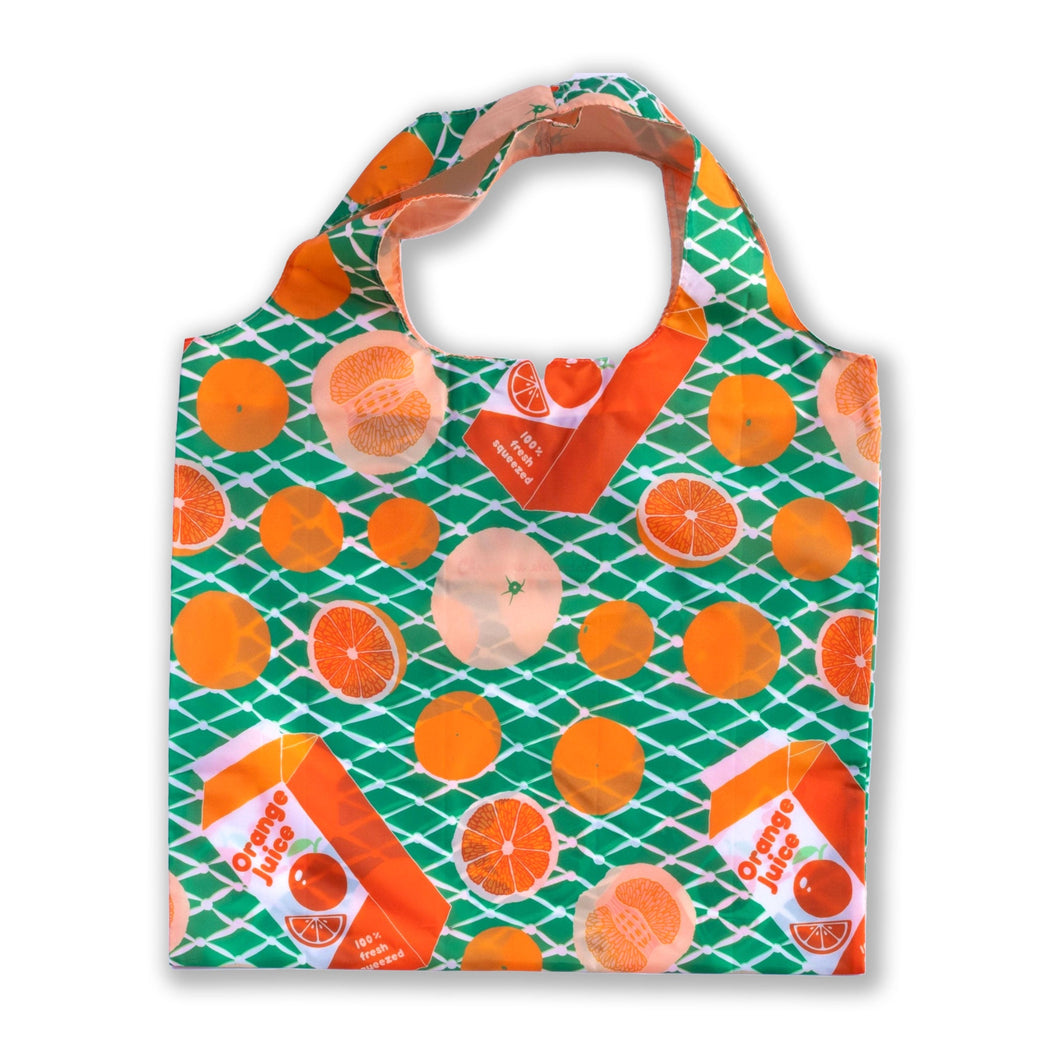 Yellow Owl Oranges Art Sack's, a reusable tote printed with oranges an orange juice containers