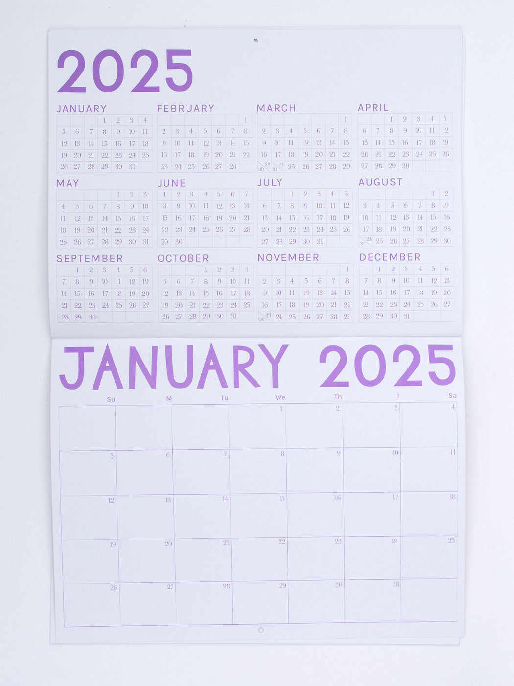 calendar spread with 2025 mapped out in electric lavender