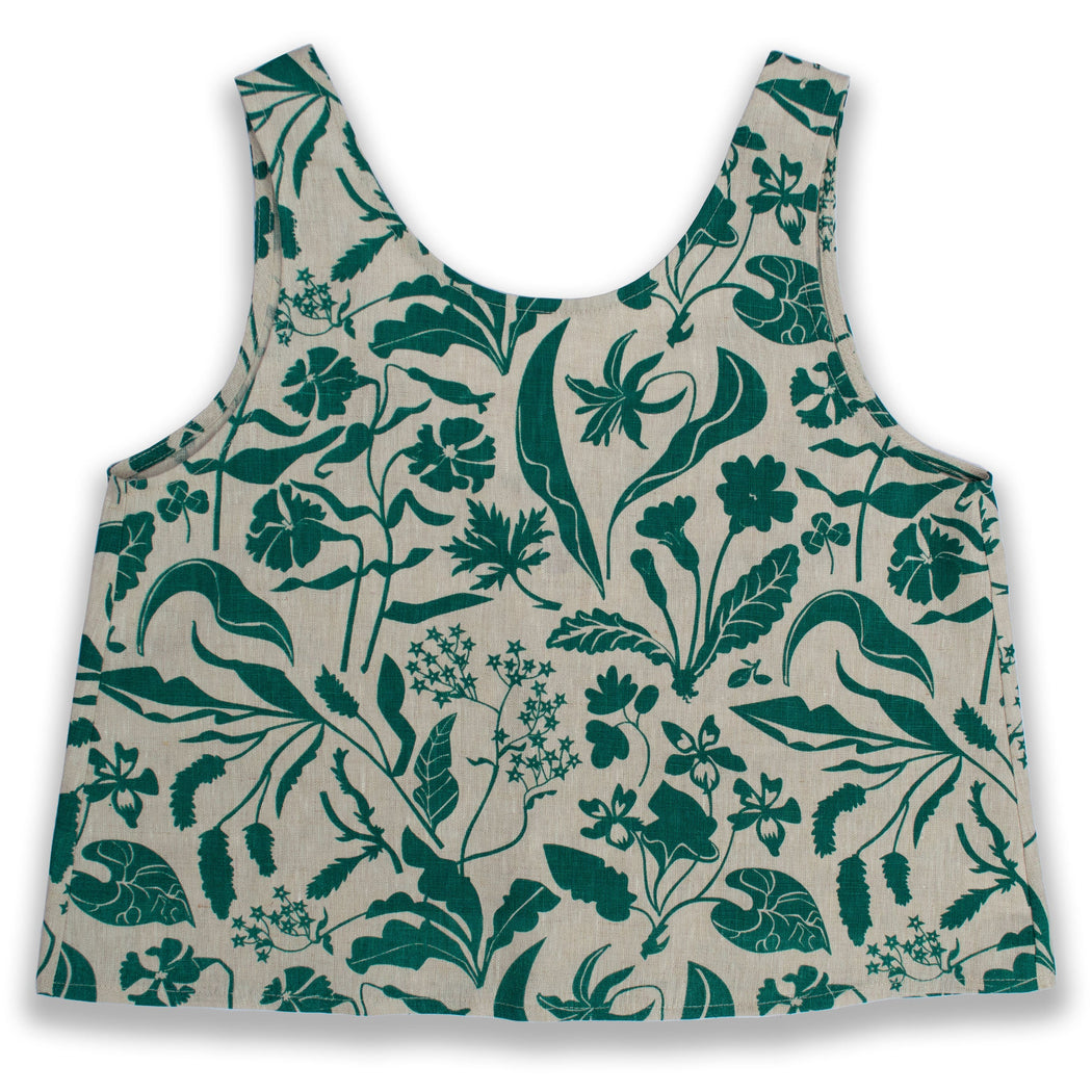 linen tank top printed with spring wildflowers in dark emerald green