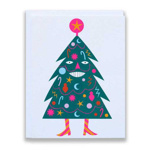 decorated tree, smiling, neon pink, striped boots, christmas cards, holiday