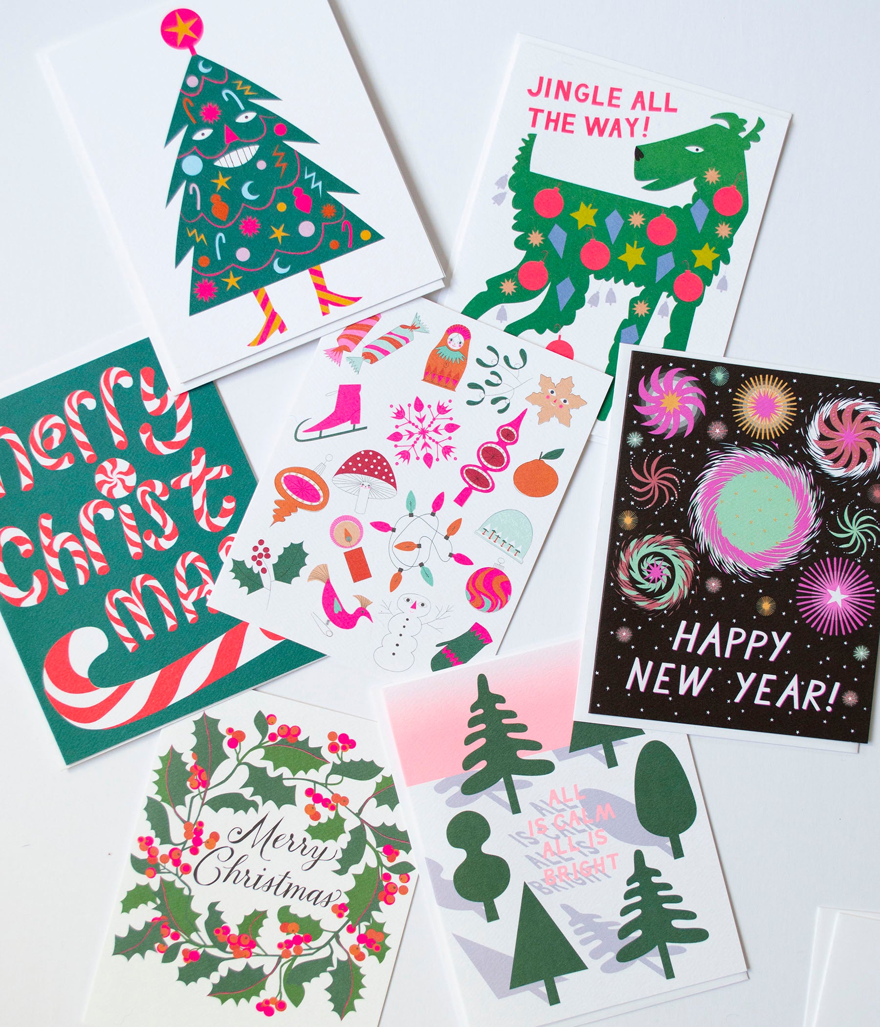 Holiday Card with a Dog festooned with Ornaments