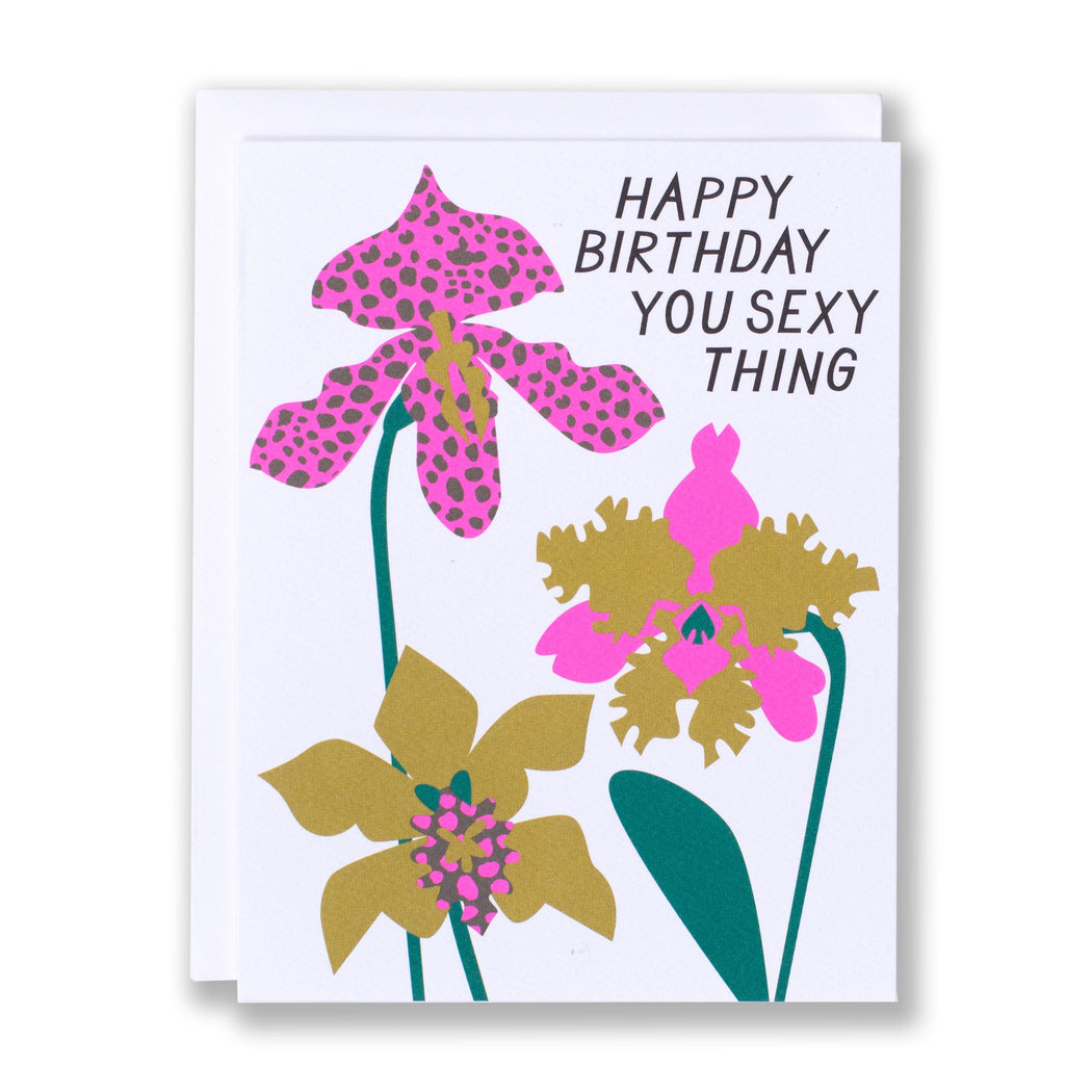 hand drawn orchids in neon purple golden green and text in black that say Happy Birthday You Sexy Thing