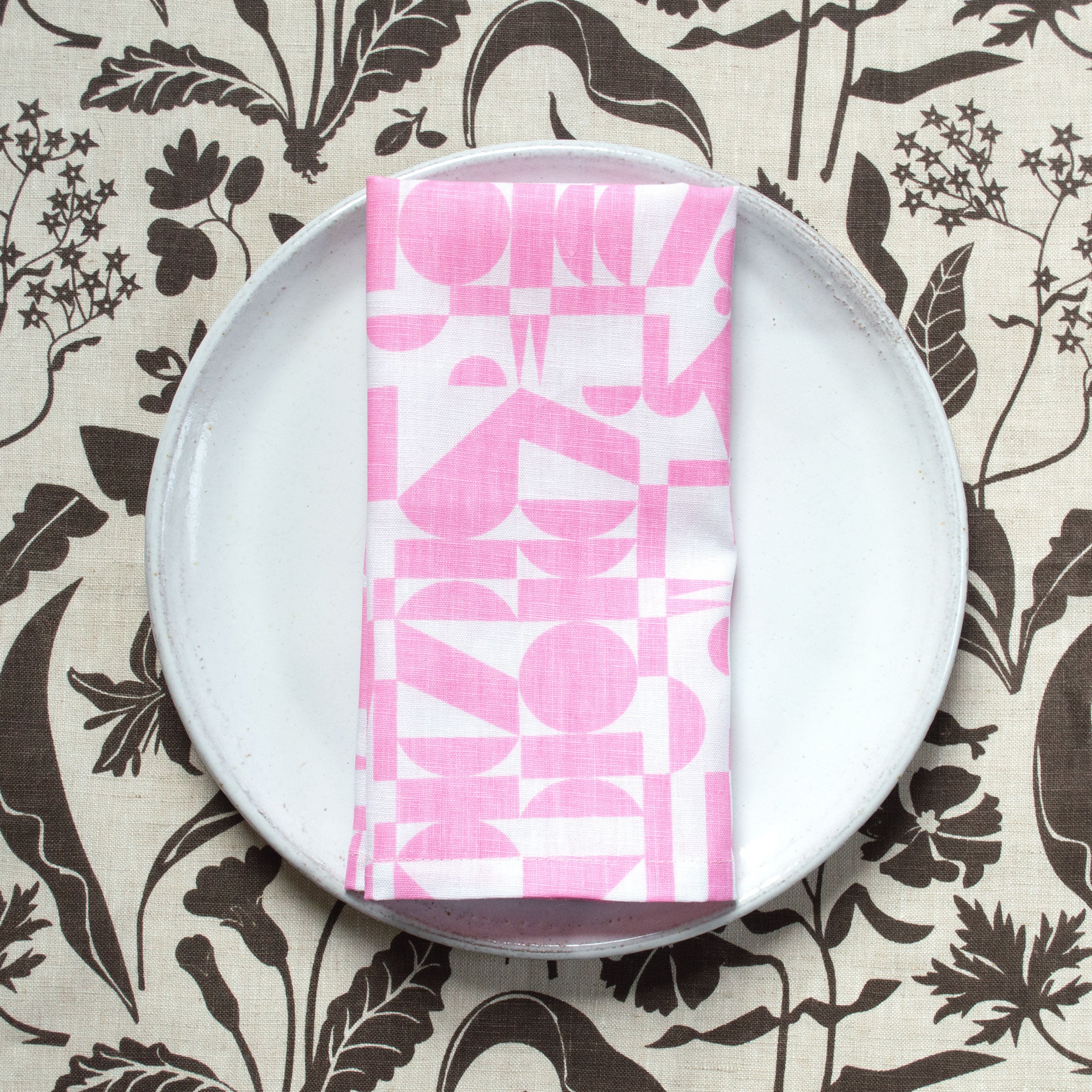 Linen Tea Towel - Screen Printed Geometrics - Bubblegum Pink on White