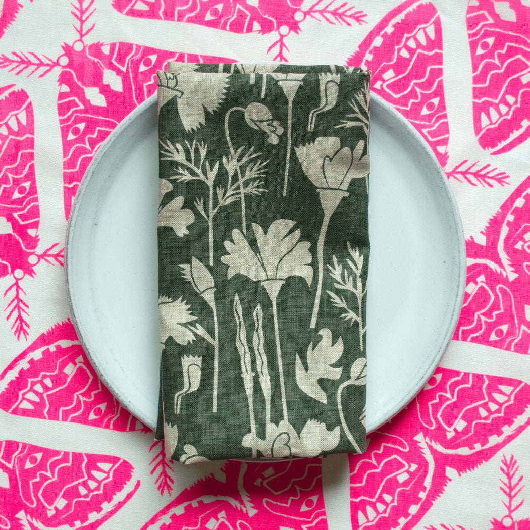 A Pair of Moths Linen Napkins in Neon Pink