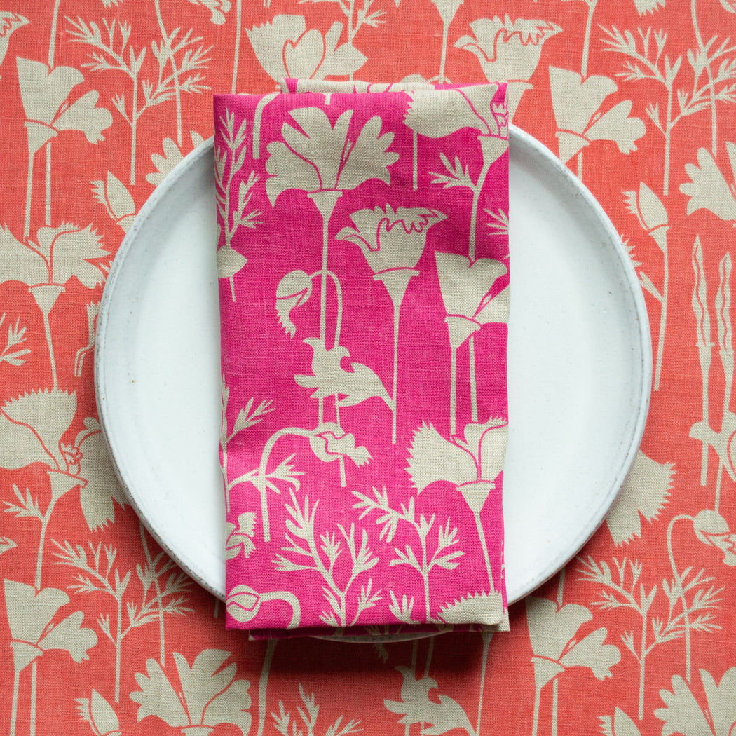 Raspberry Pink Poppies Linen Tea Towel