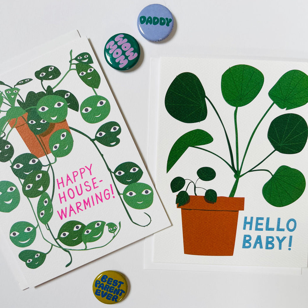 Hello Baby Note Card with Pilea Plant and new baby