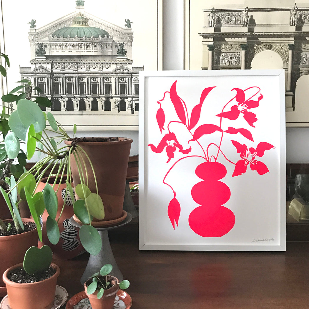screen print of the brightest neon vase with vining clematis